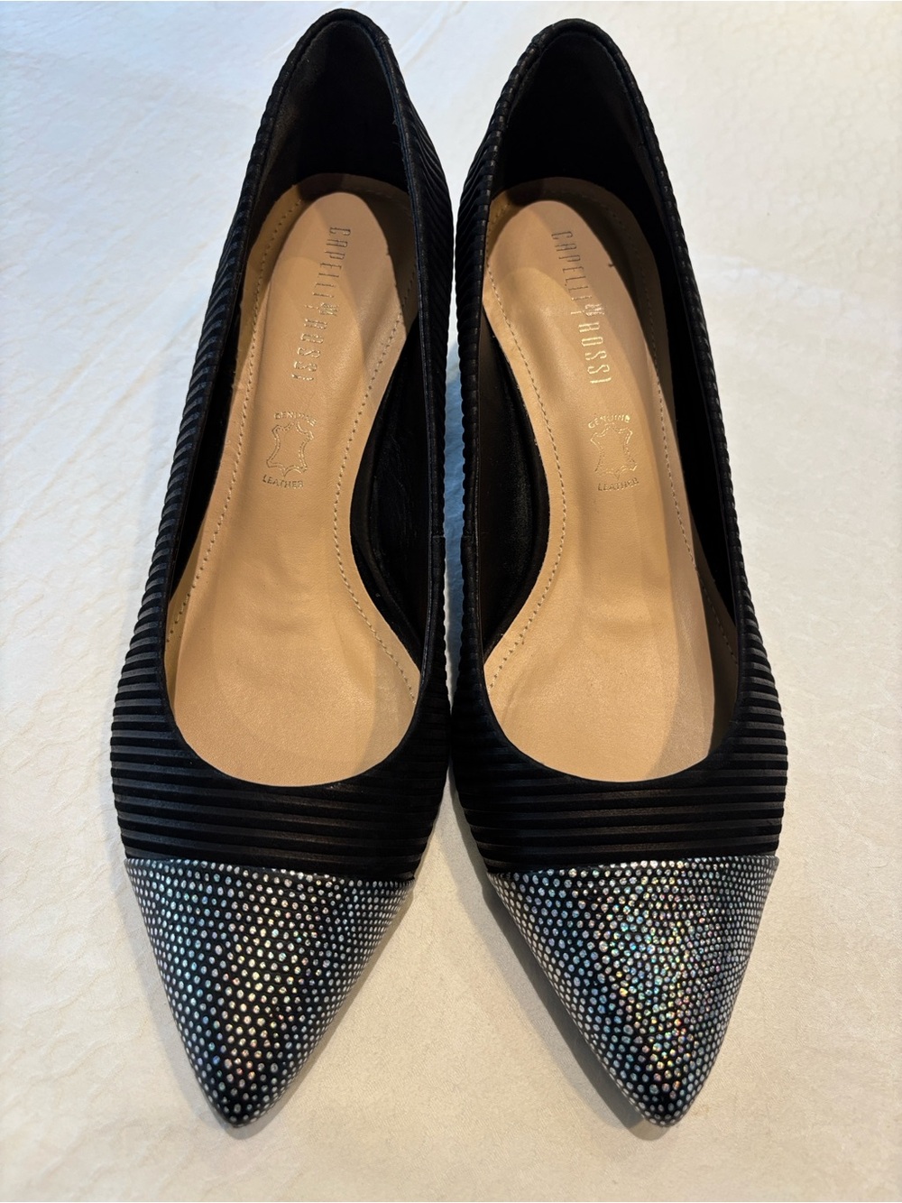 Capelli Rossi Black Pointed leather Toe heels with Sparkling Crystal Tip